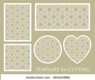 Paneles decorativos para corte láser. Ornamento geométrico redondo y elemento cardiaco para invitación de boda, sobre, tarjeta de saludo. Plantilla para cortar papel, imprimir. Fabricación de tenedores