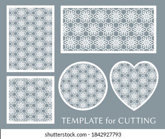 Paneles decorativos para corte láser. Ornamento geométrico redondo y elemento cardiaco para invitación de boda, sobre, tarjeta de saludo. Plantilla para cortar papel, imprimir. Fabricación de tenedores
