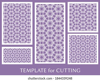 Paneles decorativos para corte láser. Ornamento geométrico para invitación de boda, sobre, saludo o tarjetas de visita, Plantilla para corte de papel, impresión, grabado de madera, metal. Fabricación de tenedores