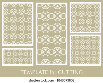 Decorative panels set for laser cutting. Geometric ornament for wedding invitation, envelope, greeting or business cards, Template for paper cut, printing, engraving wood, metal. Stencil manufacturing