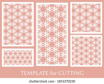 Decorative panels set for laser cutting. Geometric ornament for wedding invitation, envelope, greeting or business cards, Template for paper cut, printing, engraving wood, metal. Stencil manufacturing