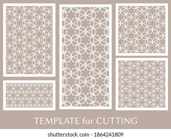 Paneles decorativos para corte láser. Ornamento geométrico para invitación de boda, sobre, saludo o tarjetas de visita, Plantilla para corte de papel, impresión, grabado de madera, metal. Fabricación de tenedores