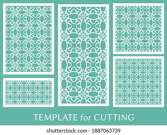 Paneles decorativos para corte láser. Ornamento geométrico para invitación de boda, sobre, saludo o tarjetas de visita, Plantilla para corte de papel, impresión, grabado de madera, metal. Fabricación de tenedores