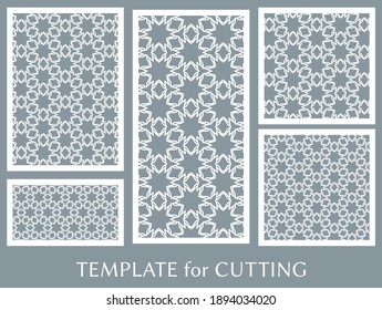 Paneles decorativos para corte láser. Ornamento geométrico para invitación de boda, sobre, saludo o tarjetas de visita, Plantilla para corte de papel, impresión, grabado de madera, metal. Fabricación de tenedores