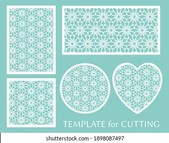 Decorative panels set for laser cutting. Geometric round ornament and heart element for wedding invitation, envelope, greeting card. Template for paper cut, printing. Stencil manufacturing
