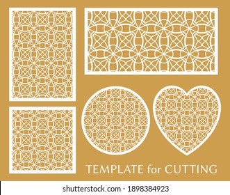 Decorative panels set for laser cutting. Geometric round ornament and heart element for wedding invitation, envelope, greeting card. Template for paper cut, printing. Stencil manufacturing