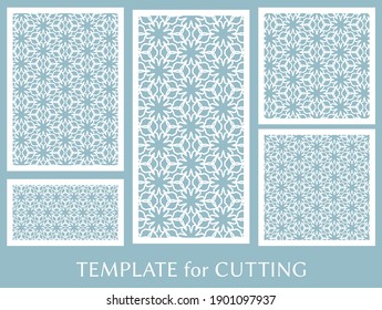 Decorative panels set for laser cutting. Geometric ornament for wedding invitation, envelope, greeting or business cards, Template for paper cut, printing, engraving wood, metal. Stencil manufacturing