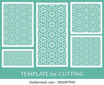 Paneles decorativos para corte láser. Ornamento geométrico para invitación de boda, sobre, saludo o tarjetas de visita, Plantilla para corte de papel, impresión, grabado de madera, metal. Fabricación de tenedores