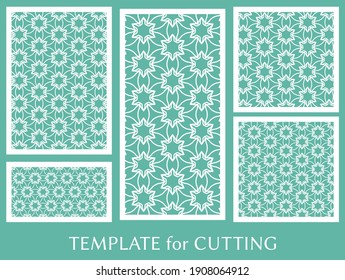 Dekorative Paneele zum Laserschneiden. Geometrisches Ornament für Hochzeitseinladung, Umschlag, Grußkarten oder Visitenkarten, Vorlage für Papierschnitt, Drucken, Gravieren von Holz, Metall. Herstellung von Stencil