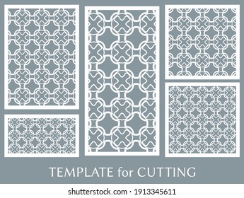 Decorative panels set for laser cutting. Geometric ornament for wedding invitation, envelope, greeting or business cards, Template for paper cut, printing, engraving wood, metal. Stencil manufacturing