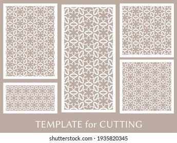 Decorative panels set for laser cutting. Geometric ornament for wedding invitation, envelope, greeting or business cards, Template for paper cut, printing, engraving wood, metal. Stencil manufacturing