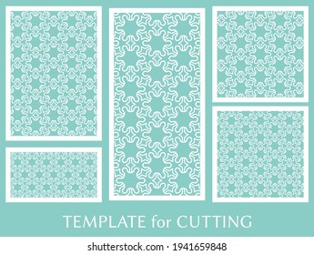 Decorative panels set for laser cutting. Geometric ornament for wedding invitation, envelope, greeting or business cards, Template for paper cut, printing, engraving wood, metal. Stencil manufacturing