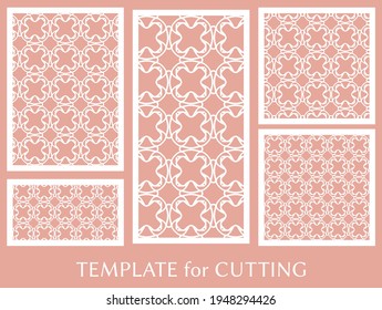 Paneles decorativos para corte láser. Ornamento geométrico para invitación de boda, sobre, saludo o tarjetas de visita, Plantilla para corte de papel, impresión, grabado de madera, metal. Fabricación de tenedores