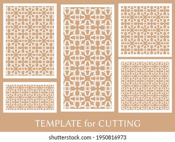 Paneles decorativos para corte láser. Ornamento geométrico para invitación de boda, sobre, saludo o tarjetas de visita, Plantilla para corte de papel, impresión, grabado de madera, metal. Fabricación de tenedores