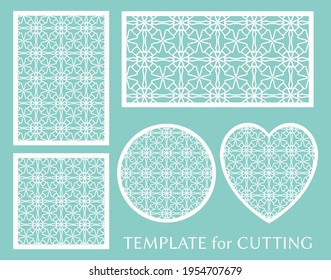 Paneles decorativos para corte láser. Ornamento geométrico redondo y elemento cardiaco para invitación de boda, sobre, tarjeta de saludo. Plantilla para cortar papel, imprimir. Fabricación de tenedores