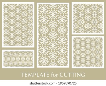 Decorative panels set for laser cutting. Geometric ornament for wedding invitation, envelope, greeting or business cards, Template for paper cut, printing, engraving wood, metal. Stencil manufacturing