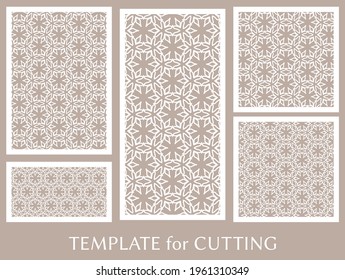 Paneles decorativos para corte láser. Ornamento geométrico para invitación de boda, sobre, saludo o tarjetas de visita, Plantilla para corte de papel, impresión, grabado de madera, metal. Fabricación de tenedores