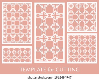 Decorative panels set for laser cutting. Geometric ornament for wedding invitation, envelope, greeting or business cards, Template for paper cut, printing, engraving wood, metal. Stencil manufacturing