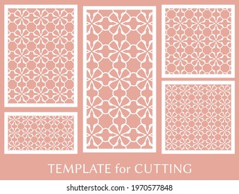 Decorative panels set for laser cutting. Geometric ornament for wedding invitation, envelope, greeting or business cards, Template for paper cut, printing, engraving wood, metal. Stencil manufacturing