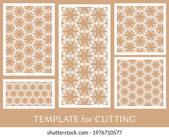 Decorative panels set for laser cutting. Geometric ornament for wedding invitation, envelope, greeting or business cards, Template for paper cut, printing, engraving wood, metal. Stencil manufacturing