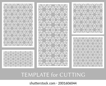 Paneles decorativos para corte láser. Ornamento geométrico para invitación de boda, sobre, saludo o tarjetas de visita, Plantilla para corte de papel, impresión, grabado de madera, metal. Fabricación de tenedores