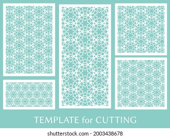 Decorative panels set for laser cutting. Geometric ornament for wedding invitation, envelope, greeting or business cards, Template for paper cut, printing, engraving wood, metal. Stencil manufacturing
