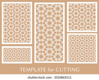 Decorative panels set for laser cutting. Geometric ornament for wedding invitation, envelope, greeting or business cards, Template for paper cut, printing, engraving wood, metal. Stencil manufacturing
