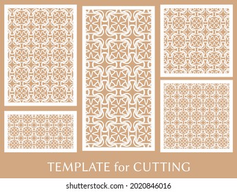 Decorative panels set for laser cutting. Geometric ornament for wedding invitation, envelope, greeting or business cards, Template for paper cut, printing, engraving wood, metal. Stencil manufacturing