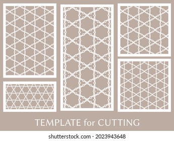 Paneles decorativos para corte láser. Ornamento geométrico para invitación de boda, sobre, saludo o tarjetas de visita, Plantilla para corte de papel, impresión, grabado de madera, metal. Fabricación de tenedores