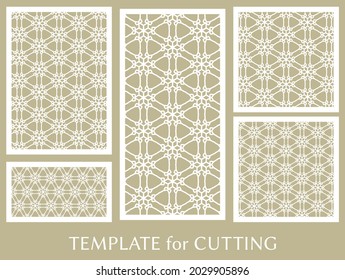 Paneles decorativos para corte láser. Ornamento geométrico para invitación de boda, sobre, saludo o tarjetas de visita, Plantilla para corte de papel, impresión, grabado de madera, metal. Fabricación de tenedores
