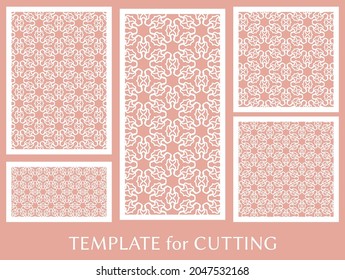 Decorative panels set for laser cutting. Geometric ornament for wedding invitation, envelope, greeting or business cards, Template for paper cut, printing, engraving wood, metal. Stencil manufacturing