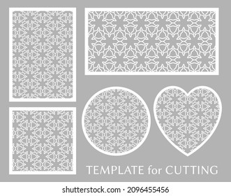 Decorative panels set for laser cutting. Geometric round ornament and heart element for wedding invitation, envelope, greeting card. Template for paper cut, printing. Stencil manufacturing
