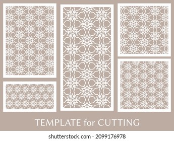 Dekorative Paneele zum Laserschneiden. Geometrisches Ornament für Hochzeitseinladung, Umschlag, Grußkarten oder Visitenkarten, Vorlage für Papierschnitt, Drucken, Gravieren von Holz, Metall. Herstellung von Stencil