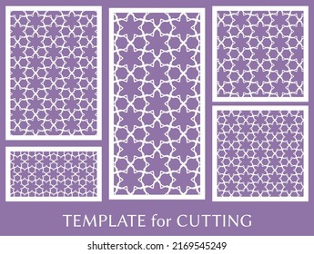 Paneles decorativos para corte láser. Ornamento geométrico para invitación de boda, sobre, saludo o tarjetas de visita, Plantilla para corte de papel, impresión, grabado de madera, metal. Fabricación de tenedores