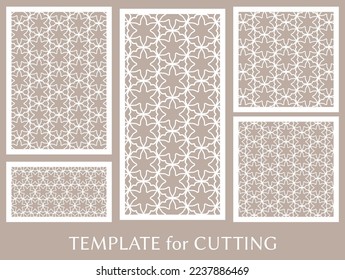 Paneles decorativos para corte láser. Ornamento geométrico para invitación de boda, sobre, saludo o tarjetas de visita, Plantilla para corte de papel, impresión, grabado de madera, metal. Fabricación de tenedores