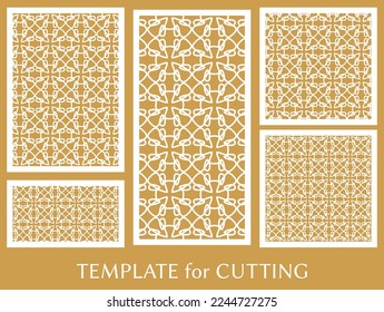 Decorative panels set for laser cutting. Geometric ornament for wedding invitation, envelope, greeting or business cards, Template for paper cut, printing, engraving wood, metal. Stencil manufacturing