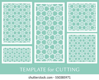Decorative panels set for laser cutting. Geometric ornament for wedding invitation, envelope, greeting or business cards, Template for paper cut, printing, engraving wood, metal. Stencil manufacturing