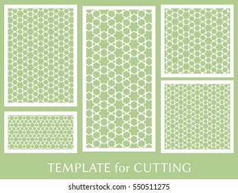 Decorative panels set for laser cutting. Geometric ornament for wedding invitation, envelope, greeting or business cards, Template for paper cut, printing, engraving wood, metal. Stencil manufacturing
