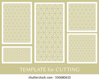 Decorative panels set for laser cutting. Geometric ornament for wedding invitation, envelope, greeting or business cards, Template for paper cut, printing, engraving wood, metal. Stencil manufacturing