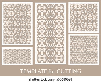 Decorative panels set for laser cutting. Geometric ornament for wedding invitation, envelope, greeting or business cards, Template for paper cut, printing, engraving wood, metal. Stencil manufacturing