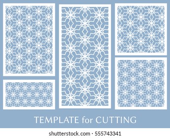 Decorative panels set for laser cutting. Geometric ornament for wedding invitation, envelope, greeting or business cards, Template for paper cut, printing, engraving wood, metal. Stencil manufacturing