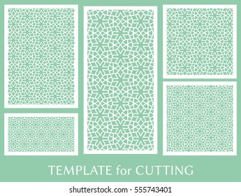 Decorative panels set for laser cutting. Geometric ornament for wedding invitation, envelope, greeting or business cards, Template for paper cut, printing, engraving wood, metal. Stencil manufacturing