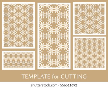 Decorative panels set for laser cutting. Geometric ornament for wedding invitation, envelope, greeting or business cards, Template for paper cut, printing, engraving wood, metal. Stencil manufacturing