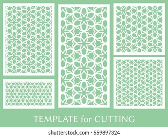 Decorative panels set for laser cutting. Geometric ornament for wedding invitation, envelope, greeting or business cards, Template for paper cut, printing, engraving wood, metal. Stencil manufacturing