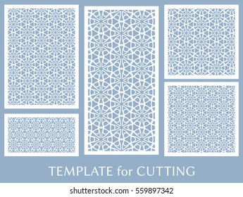 Decorative panels set for laser cutting. Geometric ornament for wedding invitation, envelope, greeting or business cards, Template for paper cut, printing, engraving wood, metal. Stencil manufacturing