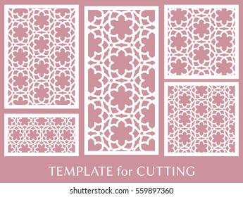 Decorative panels set for laser cutting. Geometric ornament for wedding invitation, envelope, greeting or business cards, Template for paper cut, printing, engraving wood, metal. Stencil manufacturing