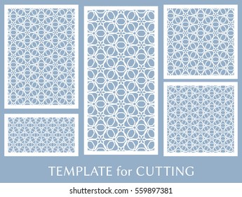 Decorative panels set for laser cutting. Geometric ornament for wedding invitation, envelope, greeting or business cards, Template for paper cut, printing, engraving wood, metal. Stencil manufacturing