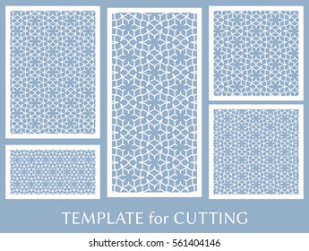 Decorative panels set for laser cutting. Geometric ornament for wedding invitation, envelope, greeting or business cards, Template for paper cut, printing, engraving wood, metal. Stencil manufacturing