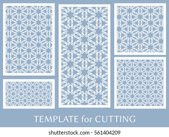 Decorative panels set for laser cutting. Geometric ornament for wedding invitation, envelope, greeting or business cards, Template for paper cut, printing, engraving wood, metal. Stencil manufacturing