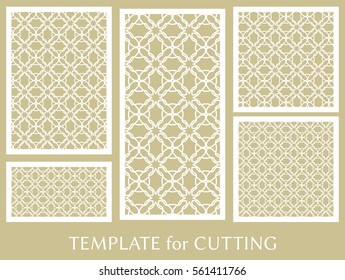 Decorative panels set for laser cutting. Geometric ornament for wedding invitation, envelope, greeting or business cards, Template for paper cut, printing, engraving wood, metal. Stencil manufacturing